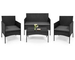 ITRONIQ Tuinset Loungeset 4 Personen - Rattan Lounge Set Met Bank Stoelen en Tafel - Weerbestendig - Incl Kussens - Zwart