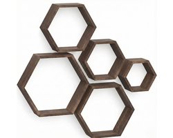 IvoQ Hexagon Wandplanken Set van 5 - FSC Hout - Rustiek Bruin - Zwevende Muurdecoratie