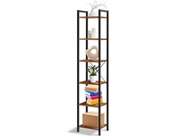 IvoQ Industriële Boekenkast – 6-laags – Smal & Hoog – 187 cm – Rustiek Bruin – Metalen Frame