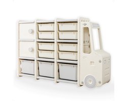 IvoQ Kinderkast Auto – Speelgoedkast met 11 Opbergbakken & 2 Kastjes – Speelse en Ruime Opbergkast voor Speelgoed & Kleding