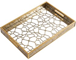 IvoQ Luxe Dienblad Goud - 30x45 cm - Rechthoekig Serveerblad met Spiegel & Handgrepen - Decoratie Plateau - Marmer & Art Deco Look