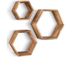 IvoQ Set van 3 Houten Hexagon Wandplanken - Decoratieve Wandplanken - Perfect voor Woonkamer, Slaapkamer & Meer!