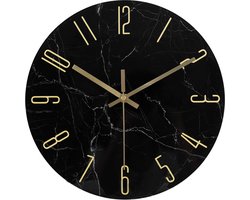 IvoQ Wandklok Marmerlook Zwart - Glas - Ø 30 cm - Stil Uurwerk - Modern & Goud