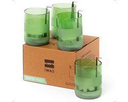 IWAS Set van 4 Theelichthouders in Glas - Groen - Upcycled Kaarsenhouder uit Glazen Flessen - Kaarshouder - 7,5cm Hoog - Ø 5,5cm