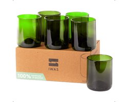 IWAS Set van 6 Waterglazen - 250ML Gekleurd Drinkglas - Upcycled uit Wijnflessen - Gin, Whiskey, Cocktail of Bier - Vaatwasserbestendig - Green