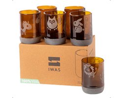 IWAS Set van 6 Waterglazen - 300ML Gekleurd Drinkglas - Upcycled uit Bierflesjes - Gin, Whiskey, Cocktail of Bier - Vaatwasserbestendig - Animal