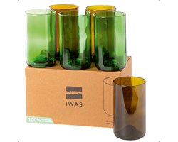 IWAS Set van 6 Waterglazen - 400ML Hoog Gekleurd Drinkglas - Upcycled uit Wijnflessen - Gin, Whiskey, Cocktail of Bier - Vaatwasserbestendig - Olive & Green