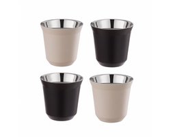 IXEN Espressokopjes Set van 4 – 80 ml Dubbelwandig RVS – Onbreekbaar Espresso Kopje – Zwart en Taupe