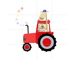 IXXI Giraffe and Lion in Red Tractor with Rainbow Spots, Carla Daly - 80 x 80 cm - Gratis ophangtool - Grote wanddecoratie en posters - Speels