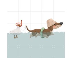 IXXI Swimming Dachshund, Studio Phie - 100 x 100 cm - Gratis ophangtool - Grote wanddecoratie en posters - Fantasierijk, Digitale Kunst, Illustraties