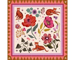 IXXI Tiger cat poppy field, Lena Addink - 100 x 100 cm - Gratis ophangtool - Grote wanddecoratie en posters - Digitale Kunst, Illustraties, Speels