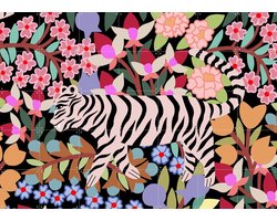 IXXI Tiger in Flowers, Sasha Ignatiadou - 140 x 100 cm - Gratis ophangtool - Grote wanddecoratie en posters - Digitale Kunst, Kleurrijk, Speels
