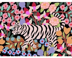 IXXI Tiger in Flowers, Sasha Ignatiadou - 80 x 60 cm - Gratis ophangtool - Grote wanddecoratie en posters - Digitale Kunst, Kleurrijk, Speels