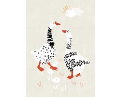 IXXI Two Goose Friends In The Meadow, Annick & Various - 100 x 140 cm - Grote wanddecoratie en posters - Digitale Kunst, Cartoonesk, Geometrische
