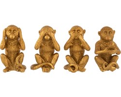 J-Line Aap horen/zien/zwijgen en gsm decoratie - polyresin - goud - 4 stuks
