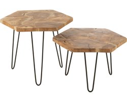 J-Line bijzettafel Hexagon - hout/metaal - naturel - set van 2