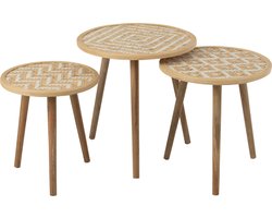 J-Line bijzettafel Patronen - bamboe/hout - naturel/wit - set van 3