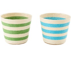 J-Line bloempot Gestreept - papier - azuurblauw/groen - medium - set van 2