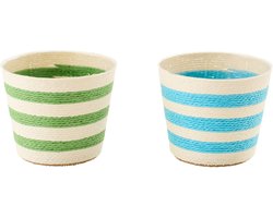 J-Line bloempot Gestreept - papier - azuurblauw/groen - small - set van 2