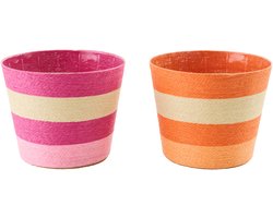 J-Line bloempot Gestreept - papier - roze/oranje - extra large - set van 2
