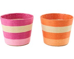 J-Line bloempot Gestreept - papier - roze/oranje - medium - set van 2