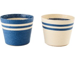 J-Line bloempot Gestreept - papier - wit/blauw - extra large - set van 2