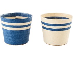 J-Line bloempot Gestreept - papier - wit/blauw - large - set van 2