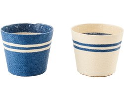 J-Line bloempot Gestreept - papier - wit/blauw - medium - set van 2