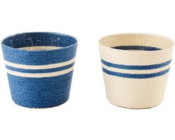 J-Line bloempot Gestreept - papier - wit/blauw - small - set van 2