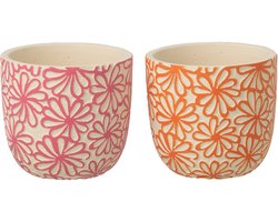 J-Line bloempot Rond Bloemen - keramiek - roze/oranje - large - set van 2