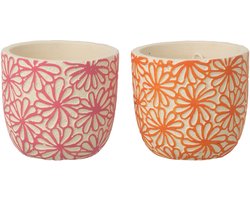 J-Line bloempot Rond Bloemen - keramiek - roze/oranje - small - set van 2