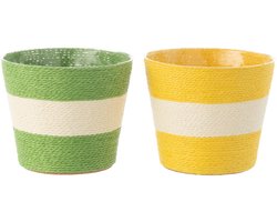 J-Line bloempot Touwtjes Streep - papier - geel/groen - medium - 2 st. - Ø 15 cm