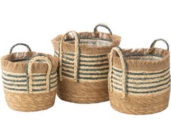 J-Line bloempot Ubeda - riet/kunststof - naturel/blauw - 3 stuks - Ø 29 cm