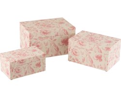 J-Line decoratie Doos - hout - wit/roze - 3 stuks