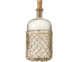 J-Line decoratie fles + kurk Breiwerk - glas/hout/riet - transparant