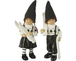 J-Line decoratie Kinderen skiën - polyresin - zwart/wit - large - 2 stuks