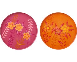 J-Line decoratie plateau Bloemen - metaal - roze/oranje - set van 2