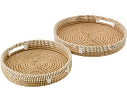 J-Line decoratie plateau - riet - naturel/wit - set van 2