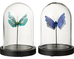 J-Line decoratie Stolp Vlinder - glas/papier - blauw - small - 2 stuks