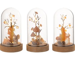 J-Line decoratie stolp Vos/Uil/Eekhoorn - hout/kunststof - naturel/oranje - 3 stuks - LED lichtjes