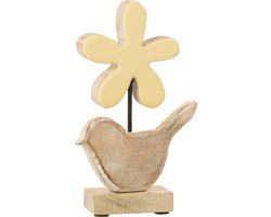 J-Line decoratie Vogel Met Bloem - hout - geel - small