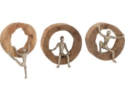 J-Line Figuren Zittend Klimmend Hout Metaal Naturel/Zilver Assortiment Van 3