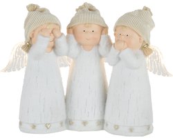 J-Line figuur Engel Horen/Zien/Zwijgen - polyresin - wit - LED lichtjes