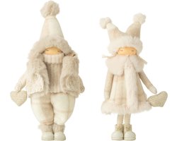 J-Line figuur Jongen + Meisje Winter Hart - polyresin - beige - small - 2 stuks