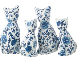 J-Line figuur Kat Patroon - polyresin - blauw/wit - large - 2 st.