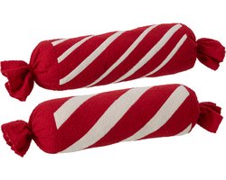 J-Line Gestreept rolkussen - polyester - kerstrood/wit - assortiment van 2