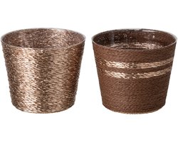 J-Line Gestreepte bloempot - papier - donkerbruin/champagne - small - assortiment van 2