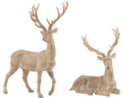 J-Line kerstfiguur Rendier staand & liggend - polyresin - lichtbruin - 2 stuks - kerstversiering