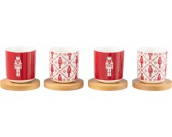 J-Line koffietas + schoteltje Notenkraker - bamboe/keramiek - rood - giftbox van 4 stuks