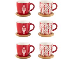J-Line koffietas + schoteltje Notenkraker - bambou/keramiek - rood - giftbox van 6
